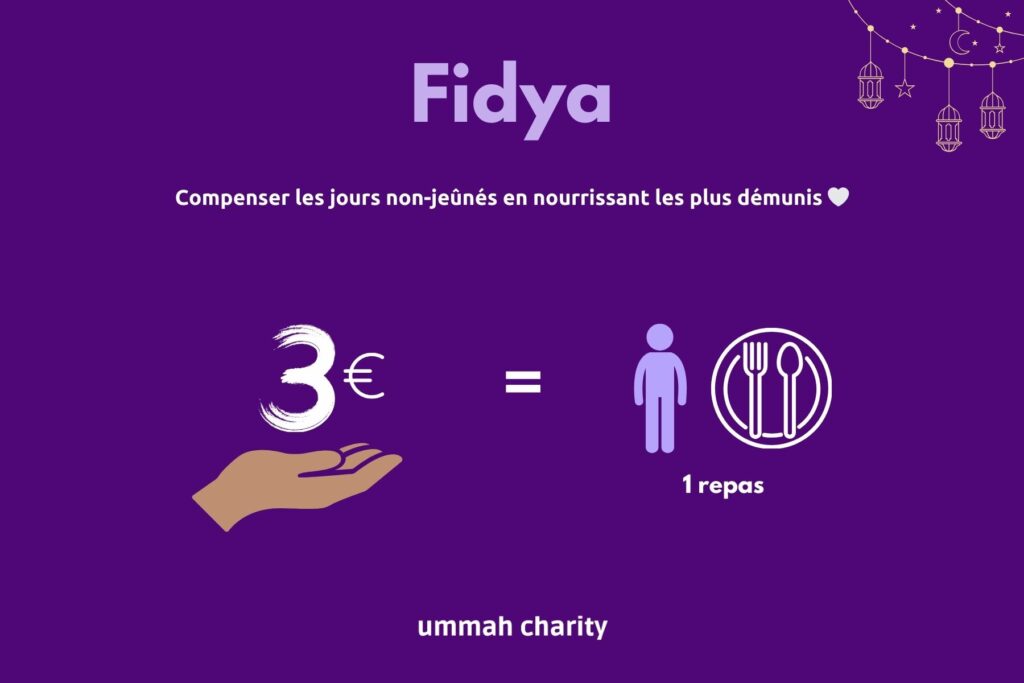 Fidya en Islam : c'est une compensation versée en nourrissant un pauvre pour chaque jour de jeûne manqué, lorsqu’il est impossible de jeûner. Elle reflète solidarité et bienveillance envers les plus démunis.